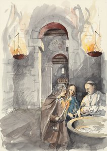 Batismo na Igreja de São Pedro, Barton-upon-Humber, Lincolnshire (aguarela sobre papel) de Liam Wales