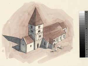 Desenho de reconstrução da igreja de S. Pedro durante o período normando (aguarela sobre papel) de Liam Wales
