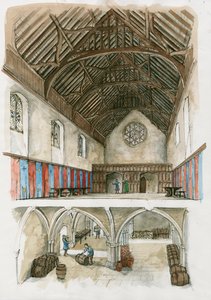 Reconstrução do Palácio de Winchester da época medieval (aguarela sobre papel) de Liam Wales