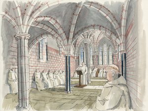 Reconstrução da casa capitular da abadia de Shap, c.1530 (aguarela sobre papel) de Liam Wales