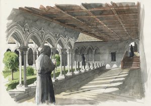 Reconstrução do claustro do Priorado de Lanercost (aguarela sobre papel) de Liam Wales