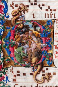 Biblioteca Piccolomini: livro coral, cód. 19.4, ss. 9v com “Adoração dos Magos”, de Liberale da Verona (cerca de 1445 - 1527/9). Detalhe.
