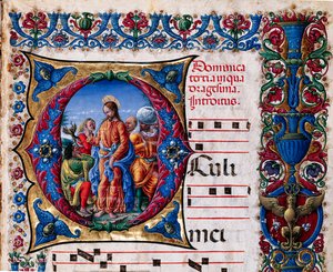 Biblioteca Piccolomini: livro coral, cód. 21.6, ss. 2r com “Expulsão de um espírito imundo”, de Liberale da Verona (cerca de 1445 - 1527/9). Detalhe.