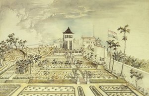 Casa holandesa com jardim fechado na ilha de Java, Indonésia, gravura de Unbekannt Unbekannt