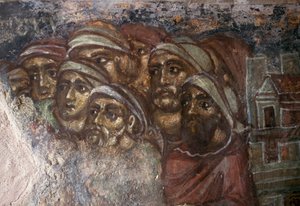 Fresco com grupo de homens, Igreja Bizantina de Ayios Stephanos, Drakona, Creta, Grécia (foto) de Unbekannt Unbekannt