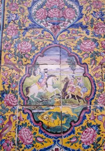 Caça ao leão, decoração de azulejos policromos em frente à casa de Qavam também conhecida como Narenjestan e Ghavam de Unbekannt Unbekannt