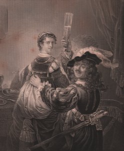 Rembrandt com sua esposa Saskia, gravando H Payne da pintura de Rembrandt, da Galeria Real de Payne Dresden, de Albert Henry Payne, H Payne Dresden e Leipzig Publisher, por volta de 1840 de Unbekannt Unbekannt