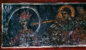 Santo tocando trompa, afresco na Igreja de Agios Ioannis Prodromos, Margaritas, Creta, Grécia (foto) de Unbekannt Unbekannt