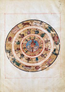 A carruagem do Sol e os signos do Zodíaco, miniatura de um manuscrito do início da Idade Média, mesa astronômica de Ptolomeu (ca. 100-175), civilização helenística de Unbekannt Unbekannt