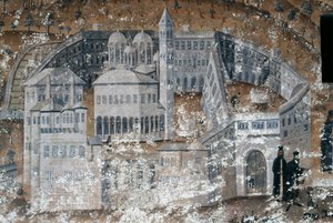 Vista do mosteiro, fresco no mosteiro de Ikosifinissis, perto de Serres, Grécia de Unbekannt Unbekannt