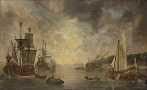 Um porto com uma flauta, uma fragata disparando uma saudação, uma flauta sendo adernada e um States Yacht, com outros navios ao pôr do sol