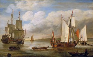 Variedade de barcos holandeses: veleiros, navios e barcaças. Óleo sobre tela de Lieve Pietersz Verschuier (1630-1686).
