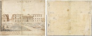 Dezoito Vistas de Roma: O Collegio di Propaganda Fide (reto); Esboços de janelas e pilastras do sótão do Collegio di Propaganda Fide (verso) de Lievin Cruyl