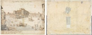 Dezoito Vistas de Roma: A Piazza Barberini (reto); Traçado de uma fonte de Recto e esboços de duas faces (verso) de Lievin Cruyl