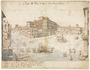 Dezoito vistas de Roma: a Piazza Barberini retoma ..., 1665.