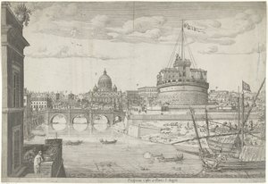 Vista de Roma Proppectus caftri e Pontis S. Angeli (título no objeto) de Lievin Cruyl