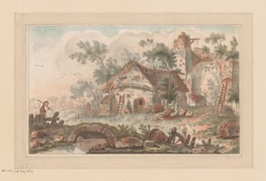 Casa em frente a um portão da cidade dilapidado, com um homem numa ponte em primeiro plano de Liger (attributed to)