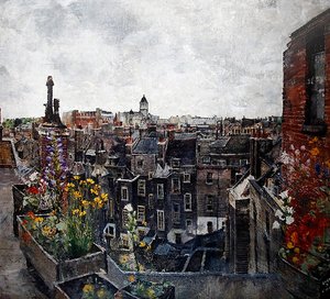 City of London Skies and Flowers (Roofs of High Holborn) 1930s (óleo sobre tela) de Lily Delissa Joseph