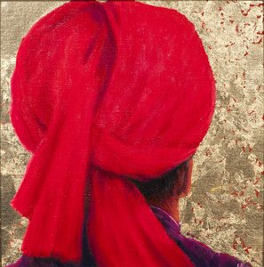Turbante vermelho na folha de ouro, 2014 (óleo sobre tela com folha de ouro)
