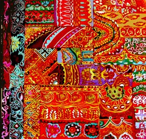 Bordado indiano, 2017 (tela de bordados coloridos, pormenorizados, étnicos, de árvores, florais, Índia) de linda arthurs