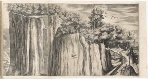 Vista da montanha de La Verna da estrada de Casentino (Vue de la montagne della Vernia...) [placa A] de Lino Moroni