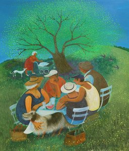 Piquenique familiar, 2018 (acrílicos sobre papel) de Lisa Graa Jensen