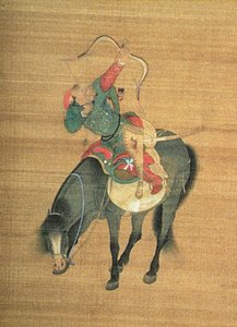 Kublai Khan (1214-94) Caça (detalhe), dinastia Yuan (tinta e cor na seda) (ver 150417)