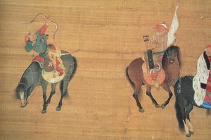 Kublai Khan (1214-94) Caça (detalhe), dinastia Yuan (tinta e cor na seda) (ver 150417)