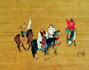 Kublai Khan (1214-94) Caça, dinastia Yuan (tinta e cor na seda) (detalhe) de Liu Kuan tao