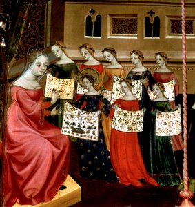 A Virgem Maria com seus colegas mostrando amostras de bordado para sua professora, detalhe do Retábulo da Virgem e São Jorge, c.1390-1400 (tempera no painel)