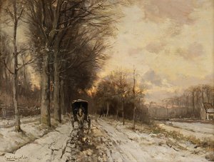 Uma carroça puxada por cavalos num caminho com neve (óleo sobre painel) de Lodewijk Frederik Hendrik (1850-1936) Apol