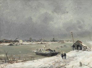 Uma travessia de balsa perto de Wijk bij Duurstede no inverno de Lodewijk Frederik Hendrik Apol