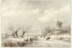 Paisagem de Inverno com patinadores de gelo perto de um moinho de Lodewijk Johannes Kleijn