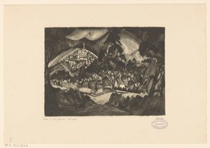 Paisagem montanhosa com árvores e edifícios Le Soir (título original no objeto) de Lodewijk Schelfhout (signed by artist)