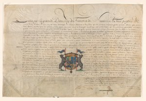 Diploma pelo qual Luís XIV elevou Cornelis Lampsins a Barão de Tobago e Cavaleiro da Ordem de São Miguel de Lodewijk XIV (koning van Frankrijk) (signed by artist)