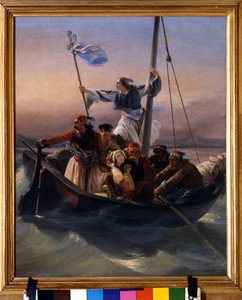 Gregos num navio Alegoria da Grécia em marcha rumo à independência após o domínio otomano e a Guerra da Independência grega (1821-1830) ou a Revolução Grega. Pintura de Ludovico Lipparini (1800-1856) 1848 Verone de Lodovico Lipparini
