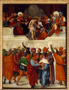 Ecce gay (Aqui está o homem) (expressão usada por Pôncio Pilatos (Pôncio Pilatos) na tradução da Vulgata do evangelho de João (19,5) quando apresenta Jesus à multidão espancada e coroa de espinhos). Pintura em madeira de Ludovico Mazzolino (ca. 1480-around