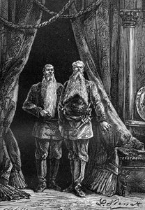 Desenho de Leon Benett, a partir do livro de Júlio Verne "Os 500 milhões do Begum" - edição Hetzel/Viagens Extraordinárias 1879. Aspeto de Arminius e Sigimer, dois impressionantes barbudos.