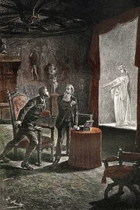 Ilustração do romance de Júlio Verne "Le chateau des Carpathes", edição Hetzel/Voyages extraordinaire, escrito entre 1884 e 1889, publicado em 1892, desenho de Leon Benett. La Stilla, uma cantora tardia, apareceu em Franz de Telek, graças a um dispositivo 