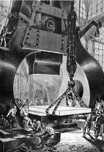desenho de Leon Benett, a partir do livro de Júlio Verne "Os 500 milhões de Begum" - edição Hetzel/Viagens Extraordinárias 1879. martelo baterista (baterista) a trabalhar numa fundição de aço.