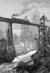 desenho de Leon Benett, a partir do livro de Júlio Verne "Os 500 milhões do Begum" - edição Hetzel/Viagens Extraordinárias 1879. Comboio a vapor a passar sobre uma ponte arrojada, numa paisagem de montanha com torrente. de Léon Benett