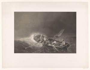 Vissers em een ​​roeiboot op zee Marine gezichten (título da série) Pinturas da Marinha. Litografia em mezzotint por L. Sabatier após Eug. Isabely (título da série no objeto) de Léon Jean Baptiste Sabatier