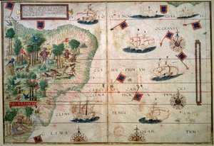 Mapa hidrográfico do Brasil - Manuscrito iluminado “” Atlas Náutico Português” do cartógrafo Loppo Homem 1519 Paris. B.N. - Mapa Hidrográfico do Brasil - Do manuscrito iluminado “” Atlas náutico inglês” de Loppo Homem (século XVI) de Lopo Homem