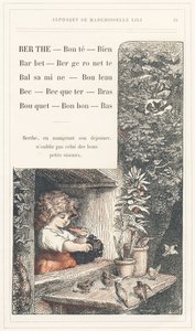Berthe, Bonte, Well, Barbet, Bergeronnette, Balsamine, Birch, Beak, Becqueter, Arm, Bouquet, Candy, Bottom, página 15 - Alfabeto de Mademoiselle Lili, de L. Froelich e de um pai (o próprio Hetzel). Biblioteca e Loja de Educação e Recreação J. Hetzel