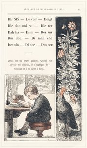 Denis, Dever, Dedo, Dicionário, Dicter, Dália, Camurça, Pião, Peru, Domingo, Desenho, Jantar, Sobremesa, página 17 - Alfabeto de Mademoiselle Lili, de L. Froelich e de um pai (o próprio Hetzel). Bibliotheque  Magasin d