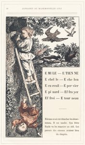Emile, Etienne, Echelle, Echelon, Squirrel, Sparrow, Epinard, Scarer, Farry, Stourneau, página 18 - Alfabeto de Mademoiselle Lili, de L. Froelich e de um pai (o próprio Hetzel). Bibliotheque  Magasin d