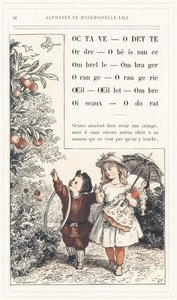 Octave, Odette, Ordem, Obediência, Guarda-chuva, Sombra, Laranja, Orangerie, Olho, Cravo, Sombra, Pássaros, Cheiro, página 28 - Alfabeto de Mademoiselle Lili, por L. Froelich e por um pai (o próprio Hetzel). Biblioteca e Loja de Educação e Recreação J. Het