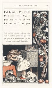 Pauline, Limpo, Pote de água, Cabelo, Pombo, Maçãs, Borboleta, Ameixas, Papagaio, página 29 - Alfabeto de Mademoiselle Lili, de L. Froelich e de um pai (o próprio Hetzel). Bibliotheque  Magasin d