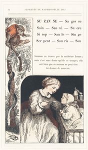 Suzanne, Sabedoria, Cuidado, Saúde, Açúcar, Xarope, Salgueiro, Macaco, Cobra, Rato, Som, página 32 - Alfabeto de Mademoiselle Lili, de L. Froelich e de um pai (o próprio Hetzel). Bibliotheque  Magasin d