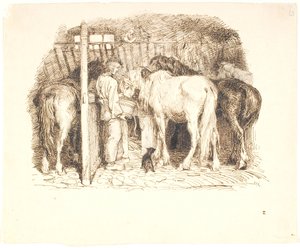 Cavalos em um estábulo recebem água de um homem de Lorenz Frølich